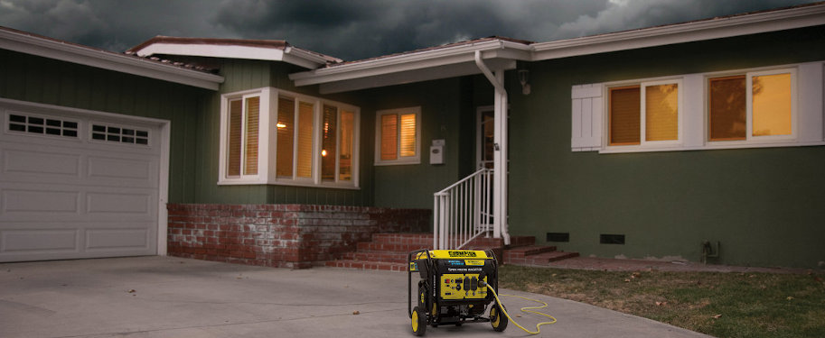 A Portable Generator can provide power during an outage for lights and a few basic essentials like refrigerator and sump pump. A Champion 8750-Watt Open Frame Inverter Generator on a driveway with extension cord to house during a power outage
